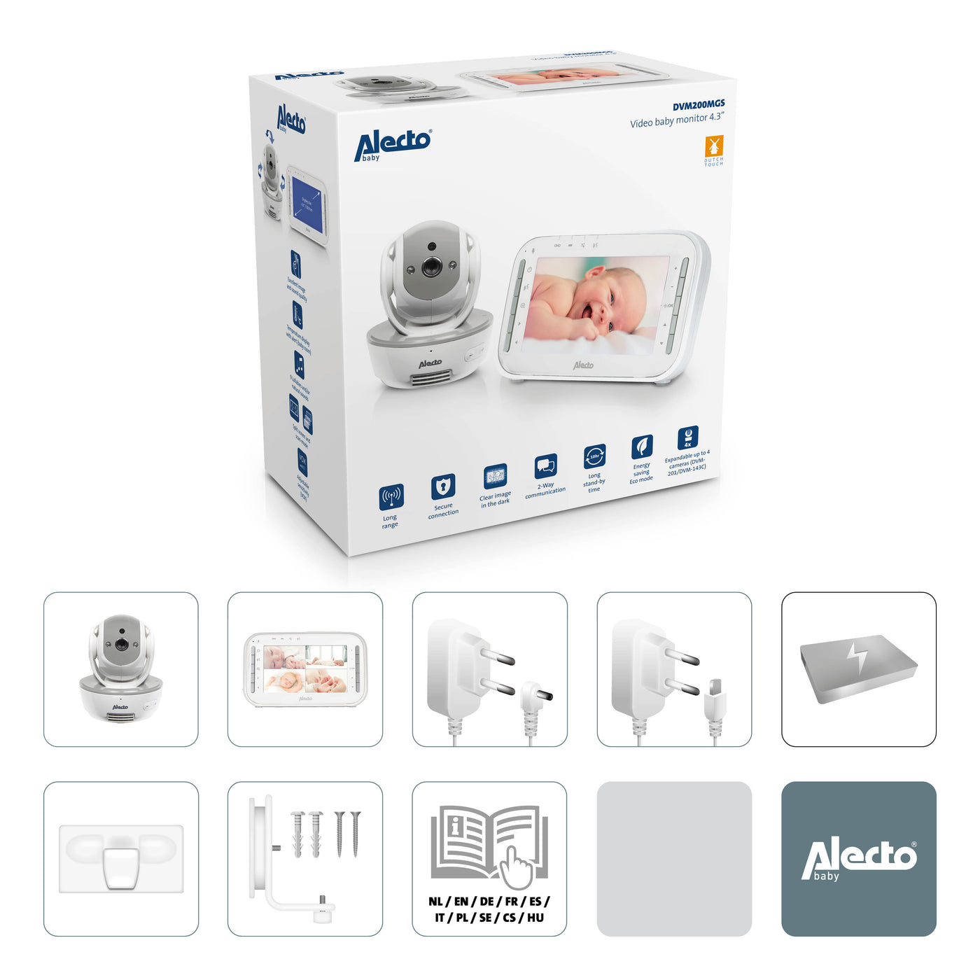 Alecto DVM200MGS - Babyfoon met camera en 4.3" kleurenscherm, wit/grijs