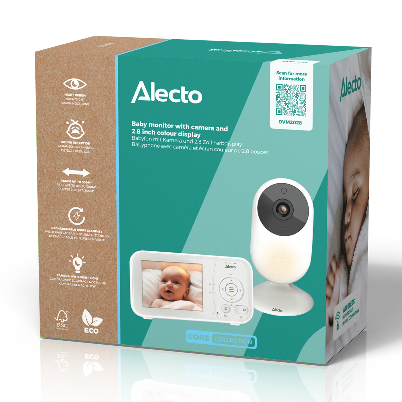 Alecto DVM2028 - Babyphone avec caméra et écran de 2.8" - Vision nocturne et affichage de la température - Blanc/Gris