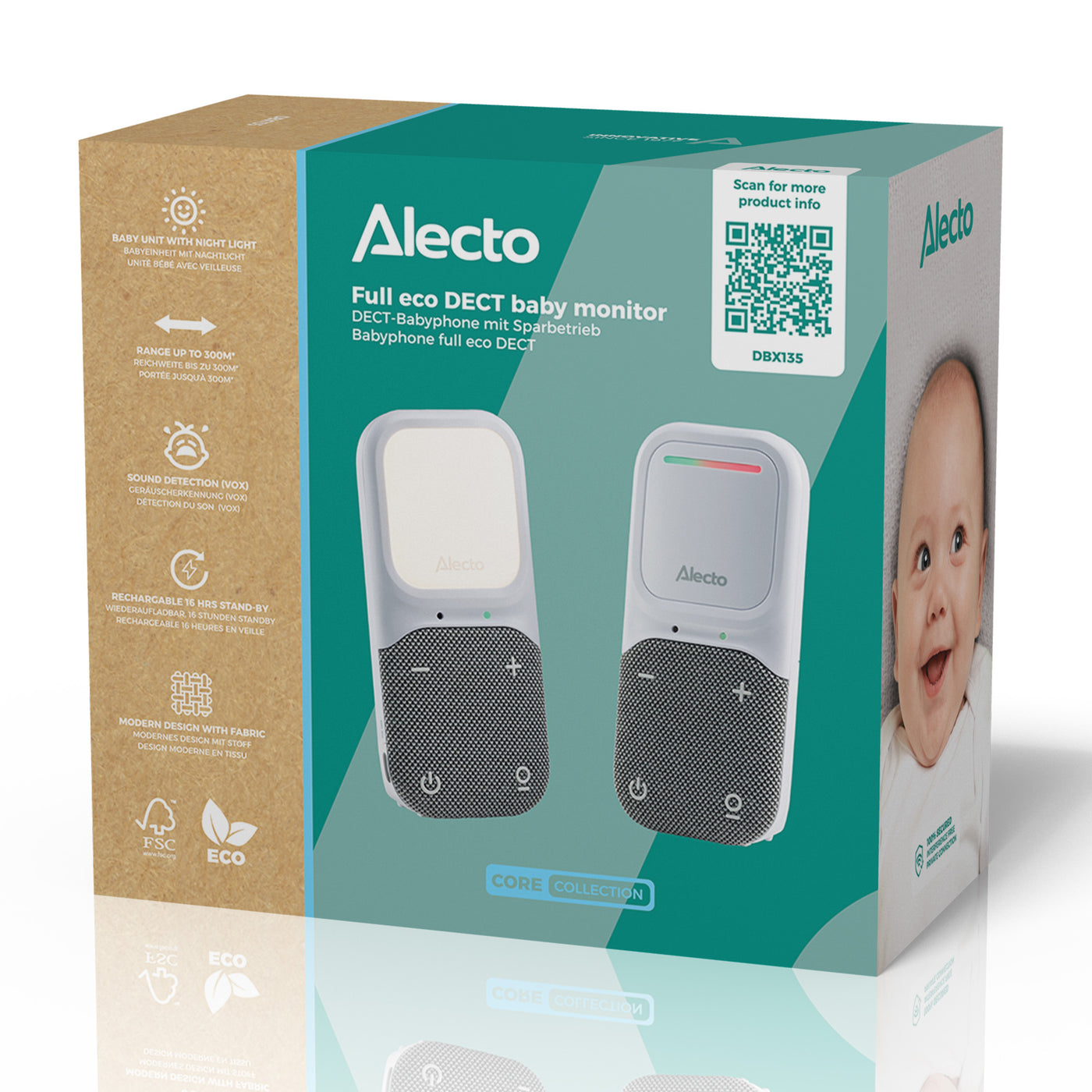 Alecto DBX135 - Babyphone audio Full Eco moderne avec qualité sonore DECT cristalline, longue autonomie en veille et veilleuse - Blanc/Gris